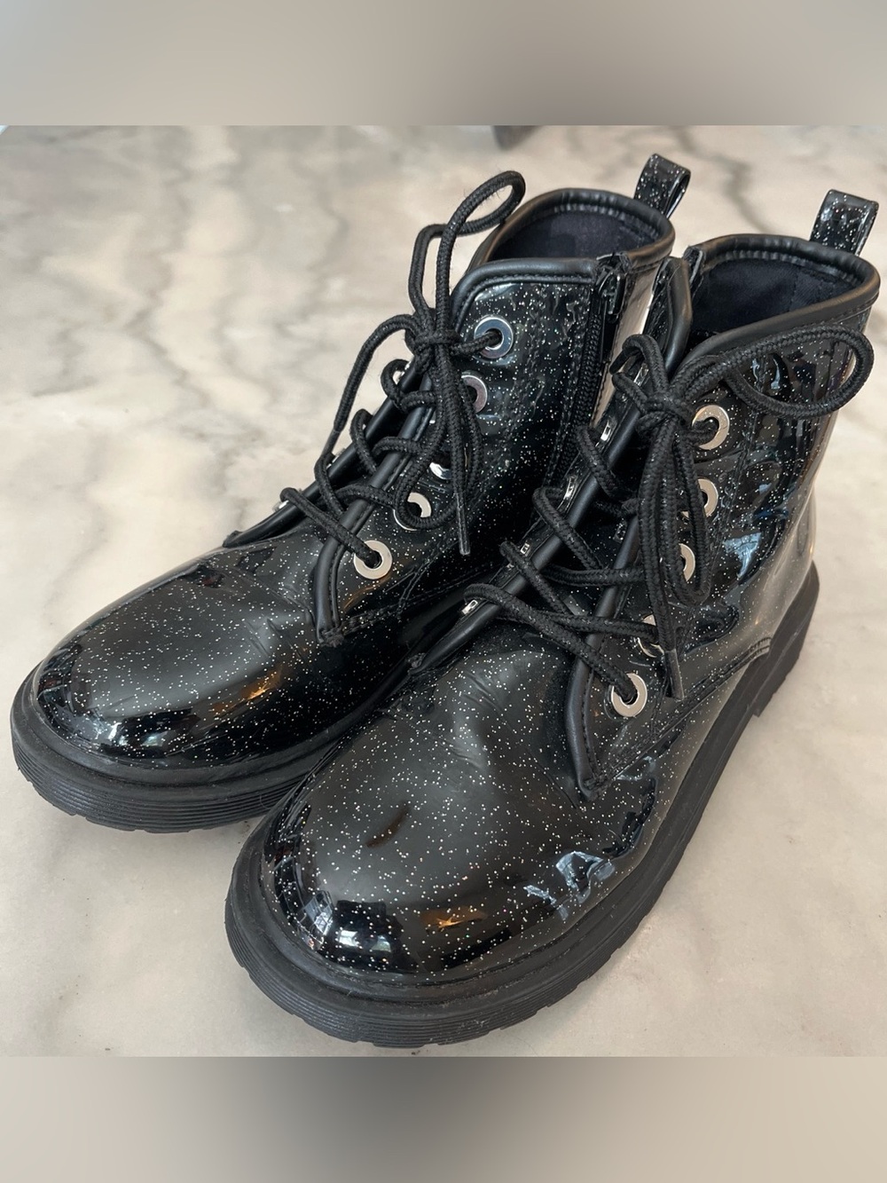 Black Patent Glitter Combat Boots